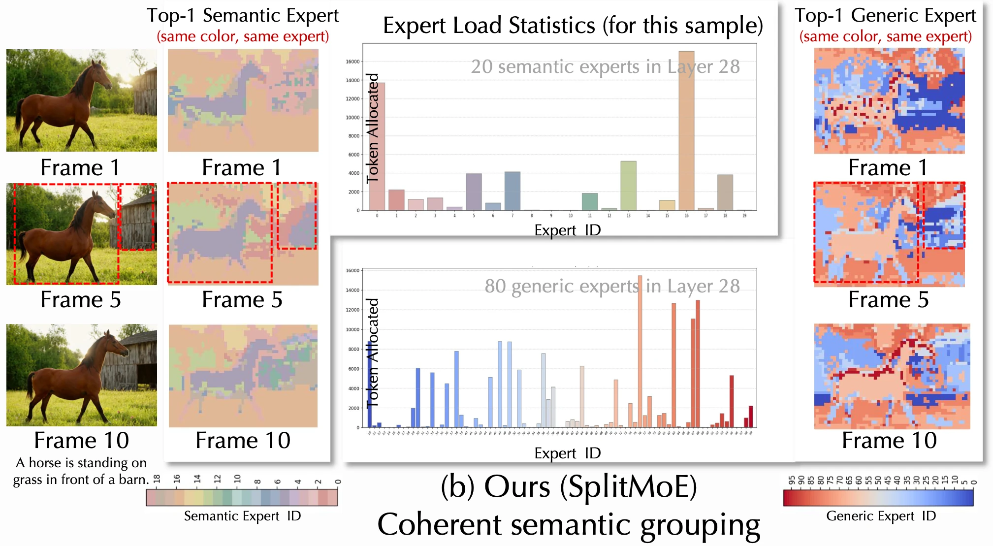 SplitMoE routing maps: coherent semantic regions and textured generic assignments